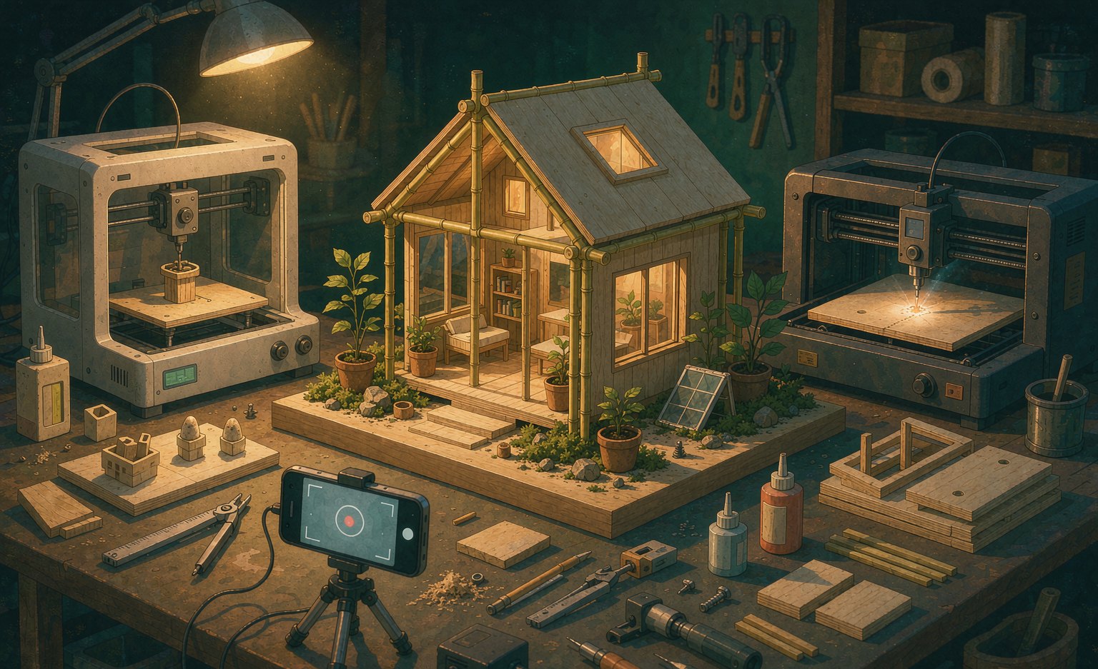 微缩房屋模型与激光切割、3D 打印工作台